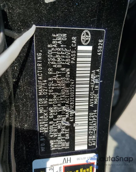 2014 Toyota Avalon Hybrid из США, поврежденный, VIN 4T1BD1EB2EU025247